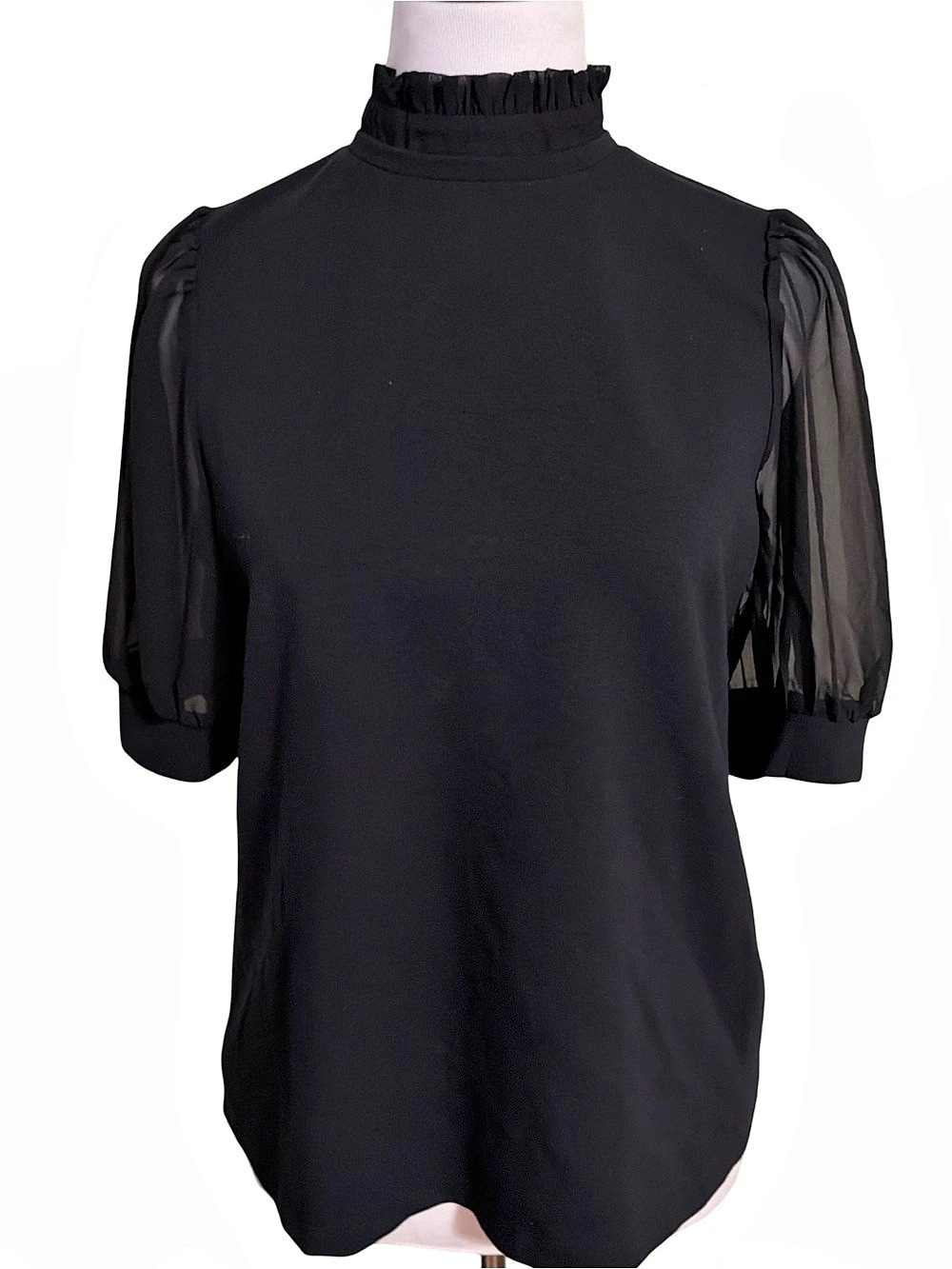 Cable & Gauge Polished Puff Sleeve High Neck Blouse in Black NWT